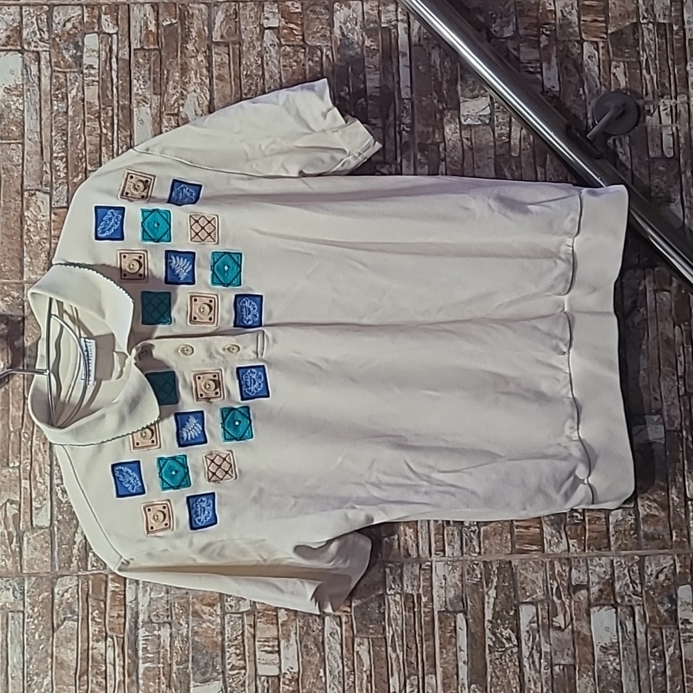 VTG Jantzen Classics Cream Polo with Blue and Green Accents
